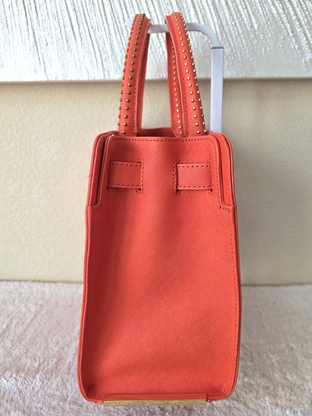 π§‘ Kenneth Cole Coral Orange Top Handle Gold Studded Tote Bag Detachable Strap - Picture 4 of 13